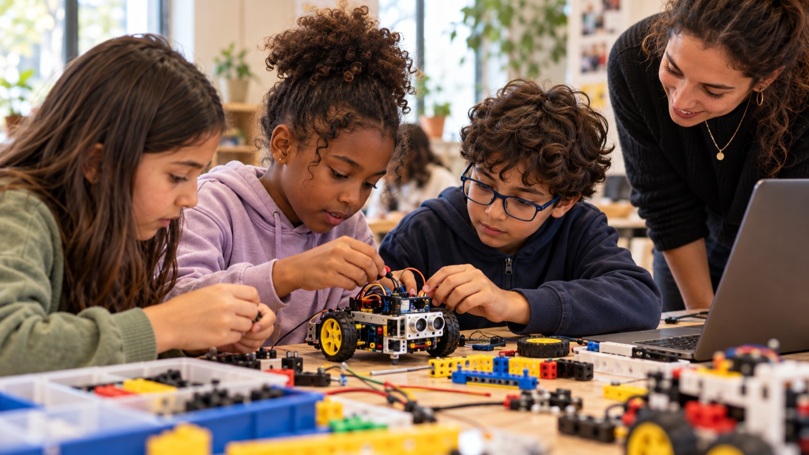 Illustration d’enfants qui assemblent et testent un robot.