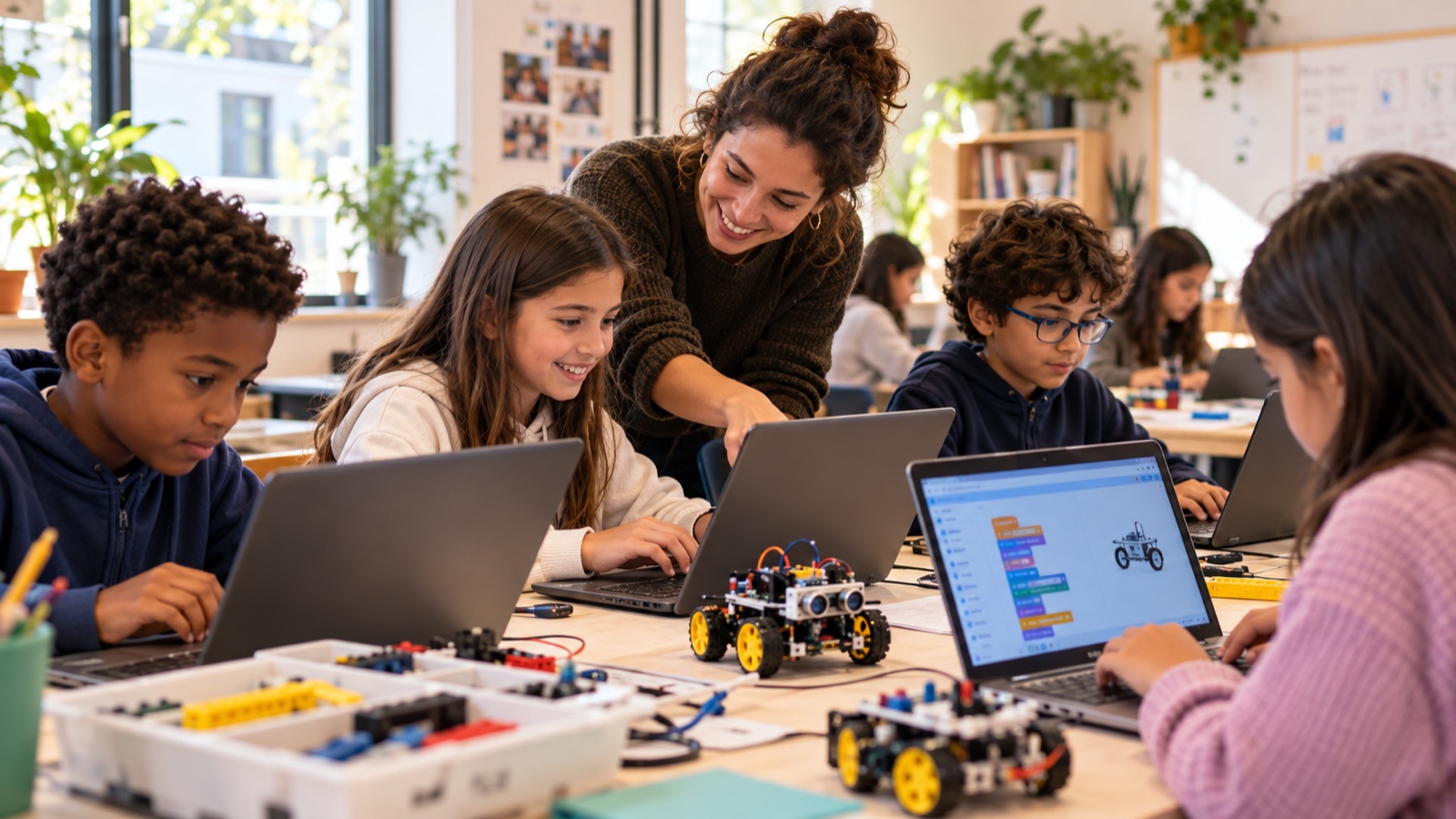 Illustration d’enfants qui créent une animation sur ordinateur.